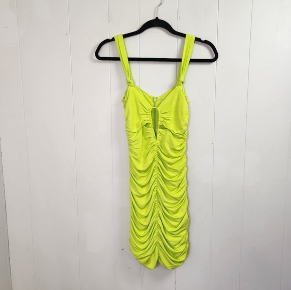 Zara Ruched Bodycon Sexy Mini Dress Cutout Neon Green Club Summer Size Small - Picture 4 of 10